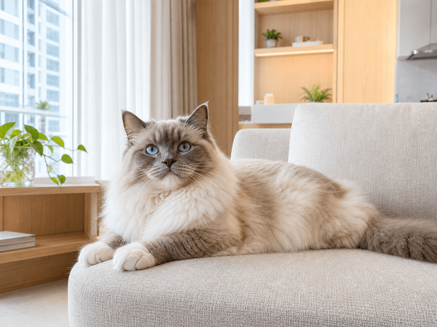 A cream-and-grey cat relaxing on a soft sofa in a bright home