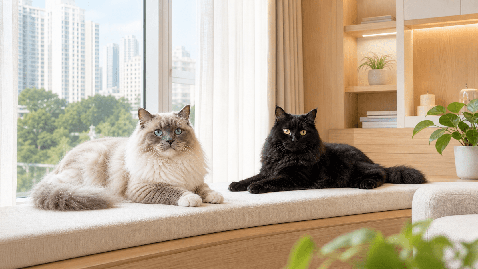 A black cat and cream-and-grey cat relaxing together on a window seat