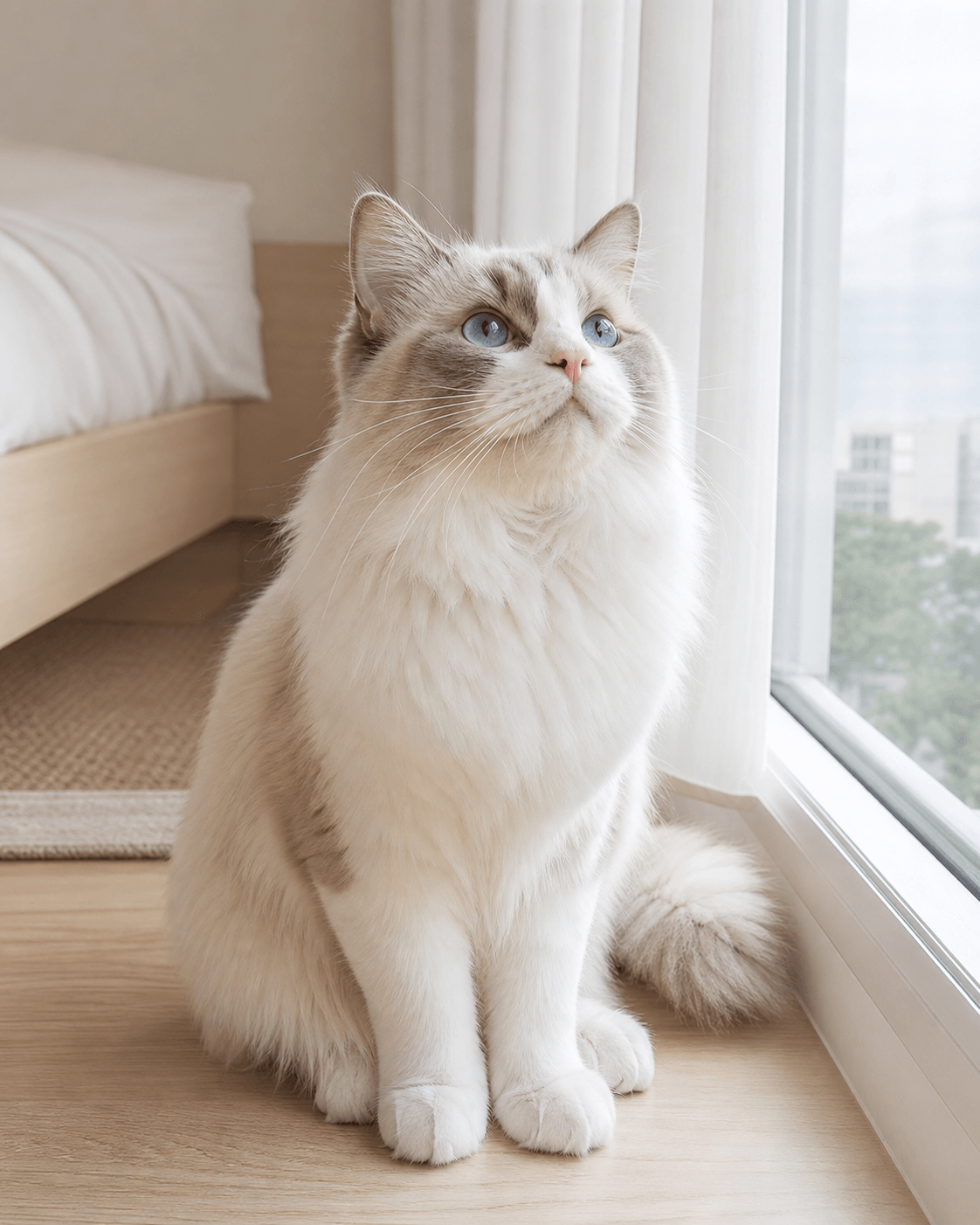 A fluffy cat sitting calmly beside a bright apartment window